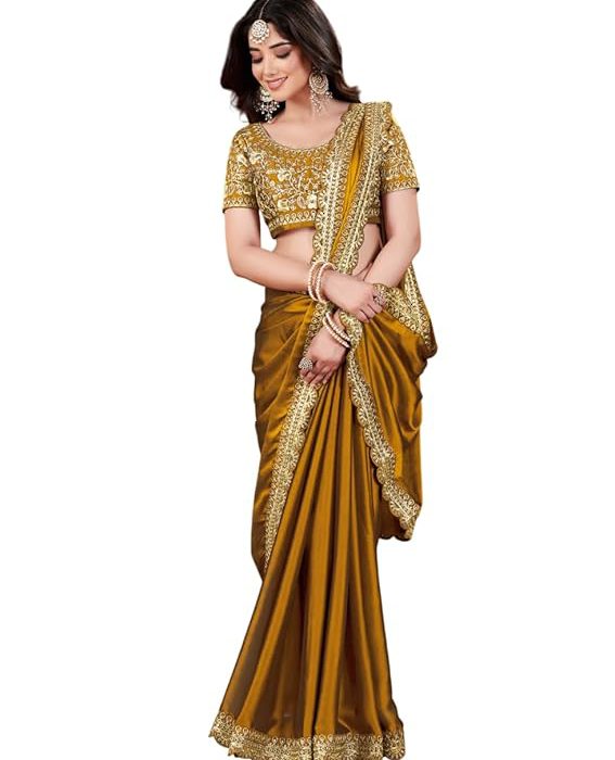 Women's Silk Saree with Embroidered Blouse Piece, Green, Traditional Party Wear with Gold Border and Hand Work Lace