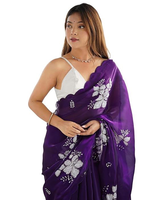 Women's Shimmer Chiffon Saree | Sequence Embroidery Saree With Unstitched Blouse Piece