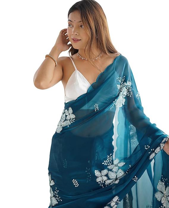 Women's Shimmer Chiffon Saree | Sequence Embroidery Saree With Unstitched Blouse Piece