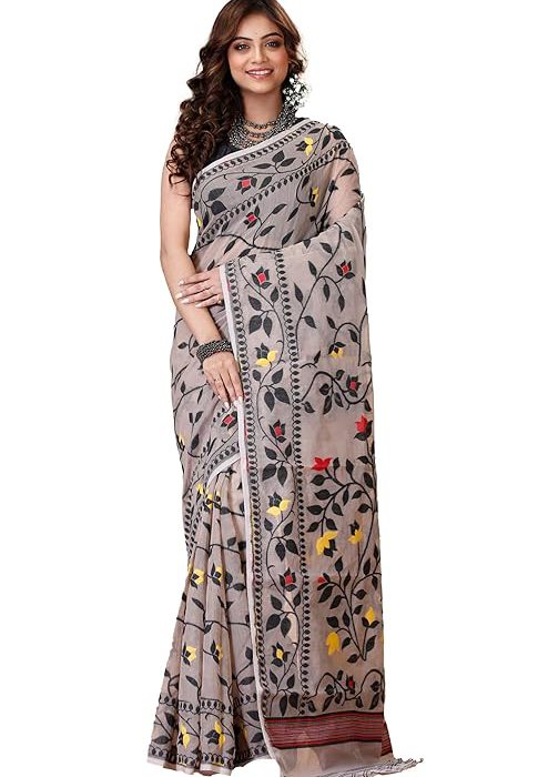 Women`s Bengal Handloom Tant Soft Dhakai Jamdani Cotton Saree Whole Body Design Without Blouse Piece