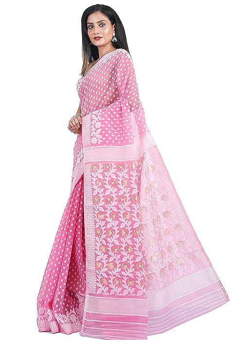 Women`s Bengal Handloom Tant Soft Dhakai Jamdani Cotton Saree Whole Body Design Without Blouse Piece