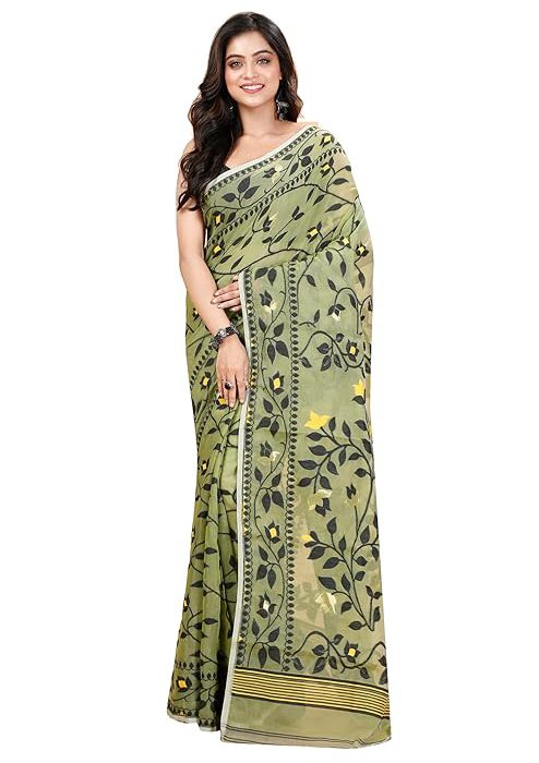 Women`s Bengal Handloom Tant Soft Dhakai Jamdani Cotton Saree Whole Body Design Without Blouse Piece