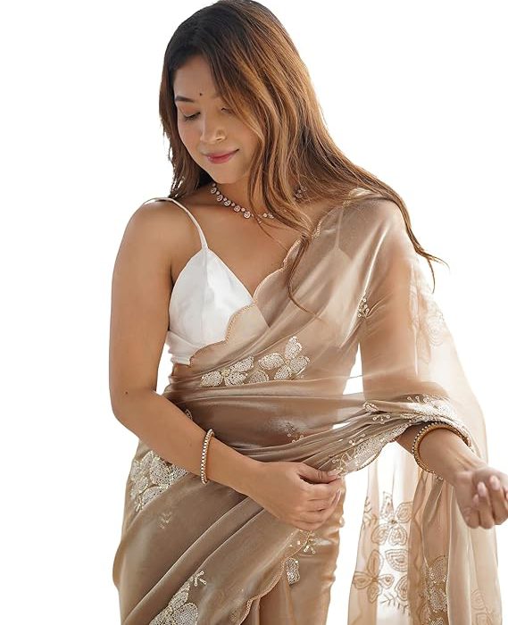 Women's Shimmer Chiffon Saree | Sequence Embroidery Saree With Unstitched Blouse Piece