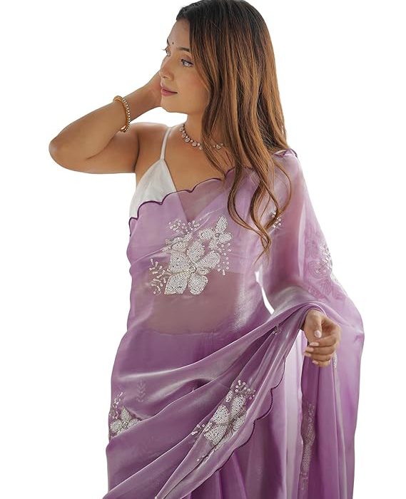 Women's Shimmer Chiffon Saree | Sequence Embroidery Saree With Unstitched Blouse Piece