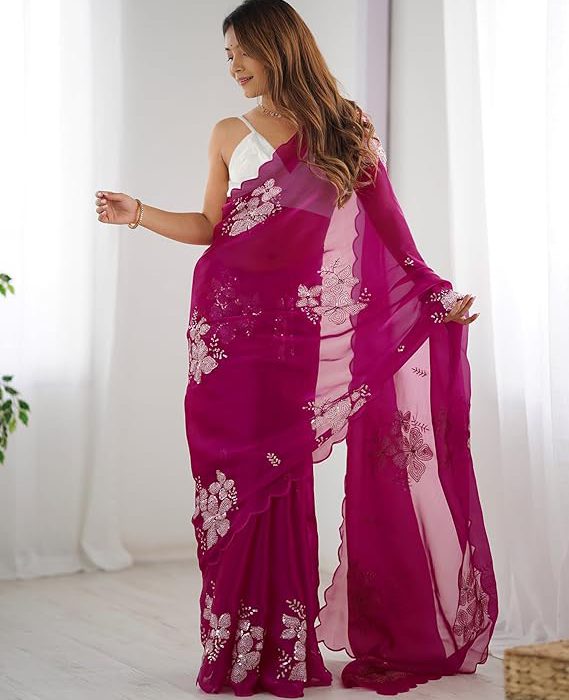 Women's Shimmer Chiffon Saree | Sequence Embroidery Saree With Unstitched Blouse Piece
