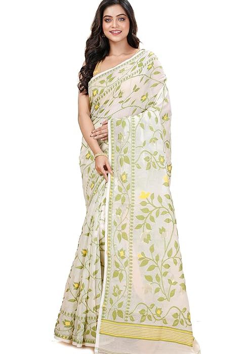 Women`s Bengal Handloom Tant Soft Dhakai Jamdani Cotton Saree Whole Body Design Without Blouse Piece