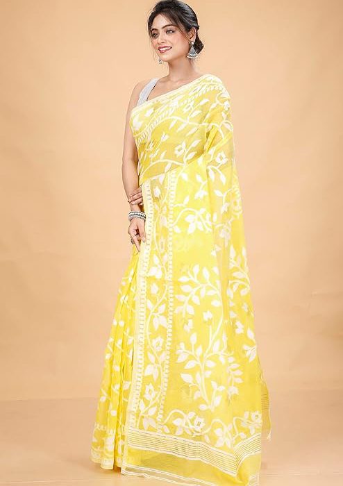 Women`s Bengal Handloom Tant Soft Dhakai Jamdani Cotton Saree Whole Body Design Without Blouse Piece