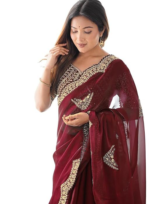 SIRIL Women's Tissue Soft Silk Embroidered Saree With Unstitched Blouse