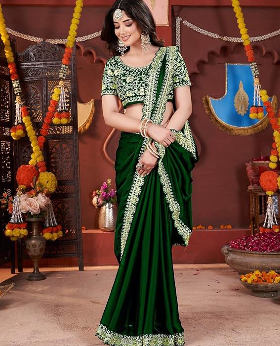Women's Silk Saree with Embroidered Blouse Piece, Green, Traditional Party Wear with Gold Border and Hand Work Lace