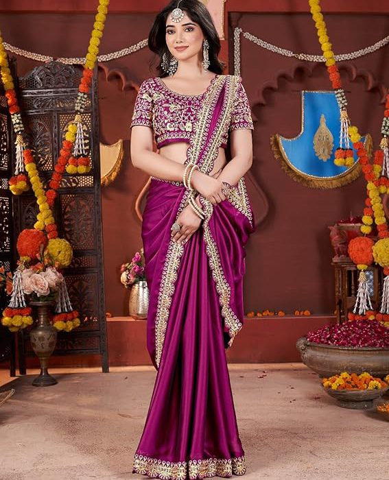 Women's Silk Saree with Embroidered Blouse Piece, Green, Traditional Party Wear with Gold Border and Hand Work Lace