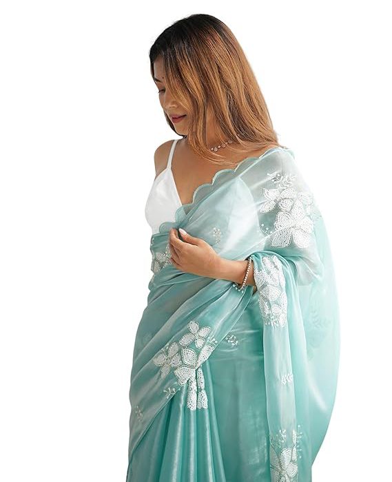 Women's Shimmer Chiffon Saree | Sequence Embroidery Saree With Unstitched Blouse Piece