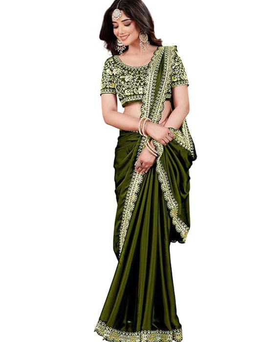 Women's Silk Saree with Embroidered Blouse Piece, Green, Traditional Party Wear with Gold Border and Hand Work Lace