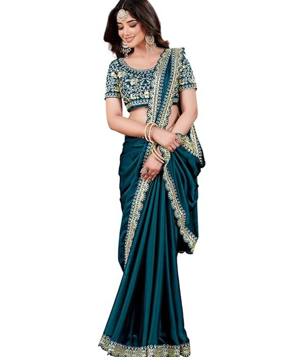 Women's Silk Saree with Embroidered Blouse Piece, Green, Traditional Party Wear with Gold Border and Hand Work Lace