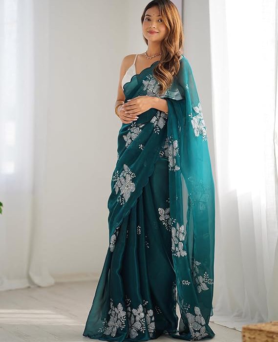 Women's Shimmer Chiffon Saree | Sequence Embroidery Saree With Unstitched Blouse Piece