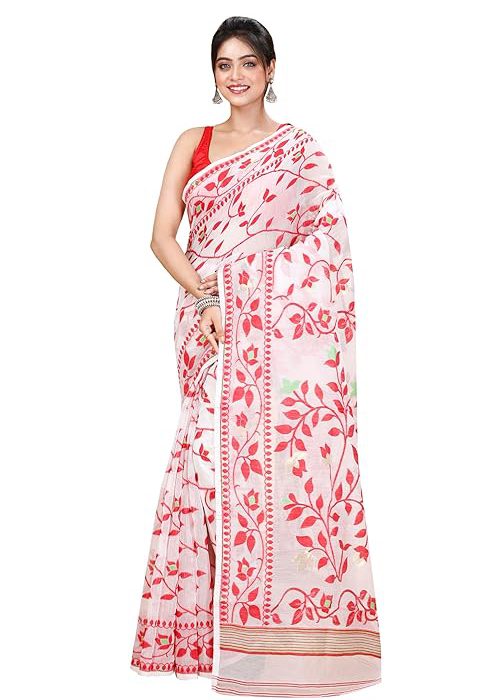 Women`s Bengal Handloom Tant Soft Dhakai Jamdani Cotton Saree Whole Body Design Without Blouse Piece