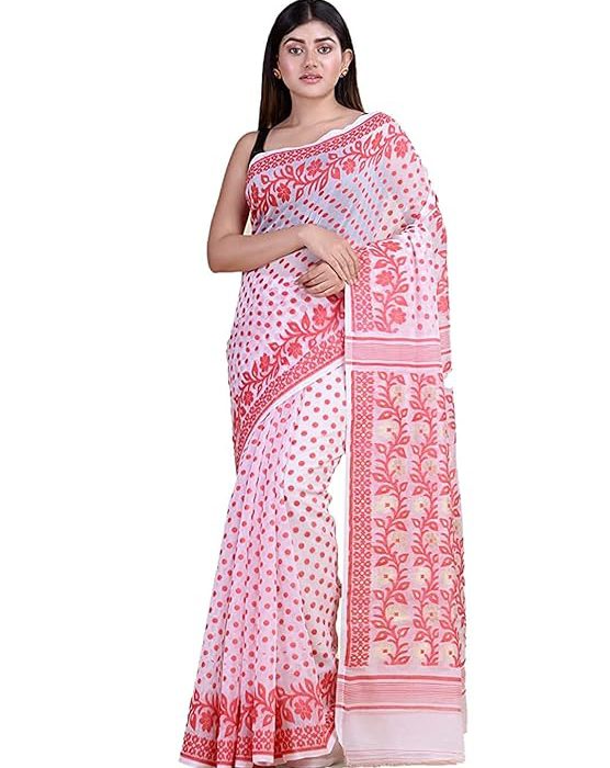 Women`s Bengal Handloom Tant Soft Dhakai Jamdani Cotton Saree Whole Body Design Without Blouse Piece