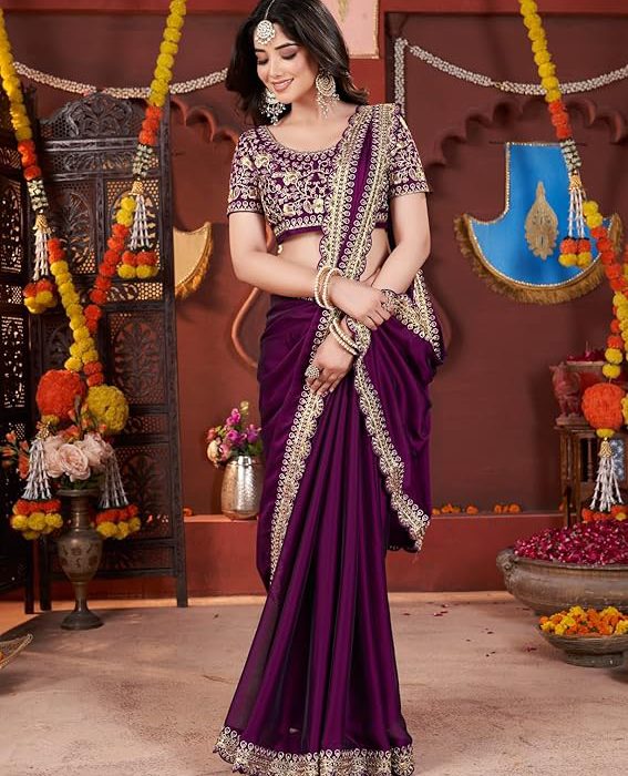 Women's Silk Saree with Embroidered Blouse Piece, Green, Traditional Party Wear with Gold Border and Hand Work Lace