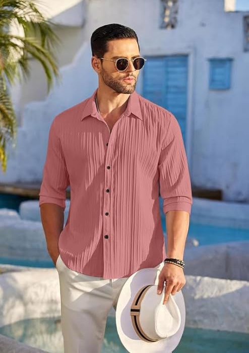 Men's Casual Cotton Plain Button Down Shirt Long Sleeve Textured Summer Beach Shirt for Men