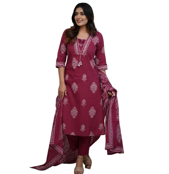Women's Pure Cotton Printed with Handwork Kurta with Pants and Dupatta Set | Ethnic Set | Suit Set | Kurta Set | Wedding Suit Set