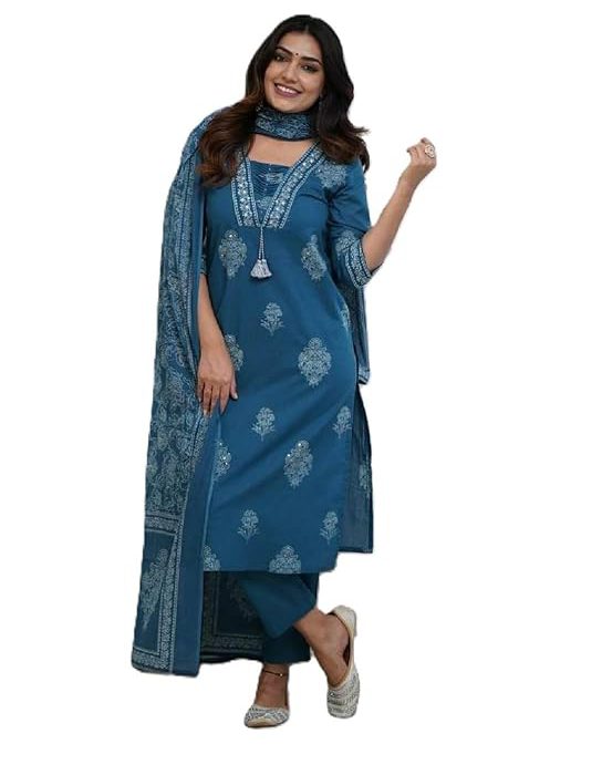 Women's Pure Cotton Printed with Handwork Kurta with Pants and Dupatta Set | Ethnic Set | Suit Set | Kurta Set | Wedding Suit Set