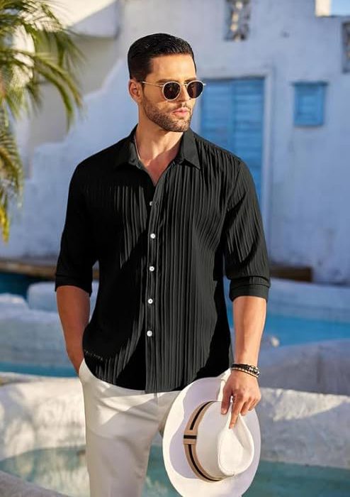 Men's Casual Cotton Plain Button Down Shirt Long Sleeve Textured Summer Beach Shirt for Men
