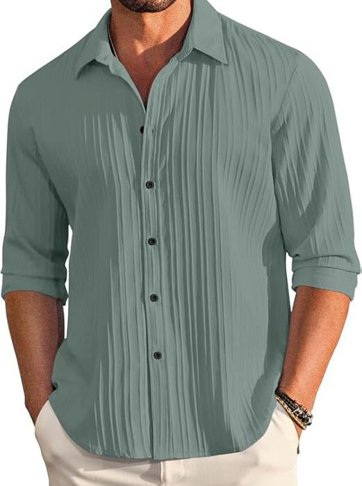 Men's Casual Cotton Plain Button Down Shirt Long Sleeve Textured Summer Beach Shirt for Men