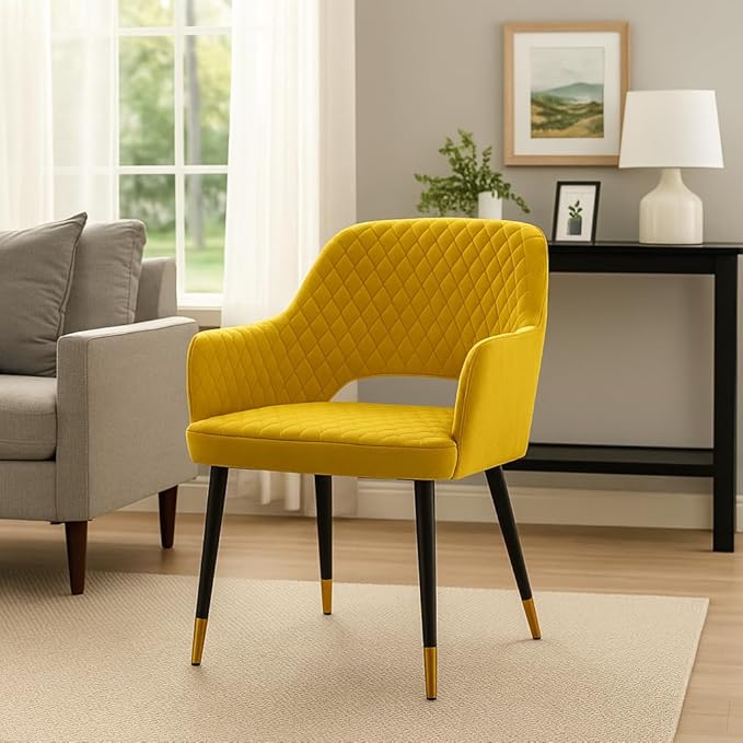 BAWARI Velvet Dining Chair | Barfi Design Accent Chair for Home Office Restaurent Cafe | Upholstered Cushion Chair with Dual Tone Legs | 1pc (Yellow, Standard)