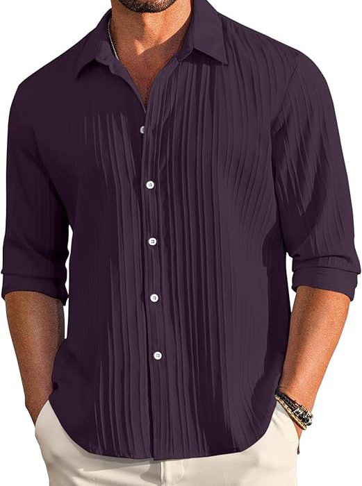 Men's Casual Cotton Plain Button Down Shirt Long Sleeve Textured Summer Beach Shirt for Men