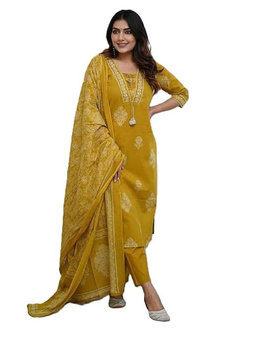 Women's Pure Cotton Printed with Handwork Kurta with Pants and Dupatta Set | Ethnic Set | Suit Set | Kurta Set | Wedding Suit Set