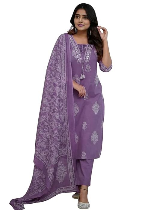 Women's Pure Cotton Printed with Handwork Kurta with Pants and Dupatta Set | Ethnic Set | Suit Set | Kurta Set | Wedding Suit Set