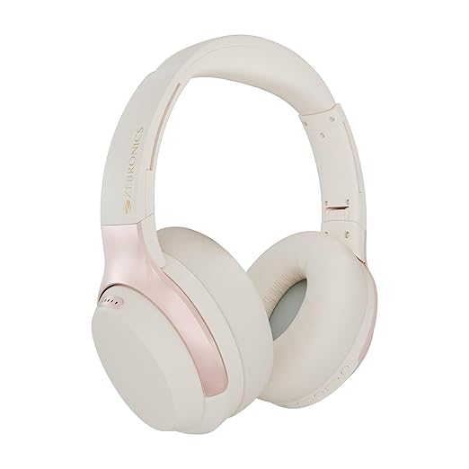 ZEBRONICS Duke Over Ear Wireless Headphone with Up to 60h Backup,Supports Bluetooth,Dual Pairing,Gaming Mode,Environmental Noise Cancellation (ENC),LED Lights,Deep Bass,Voice Assistant Support (Beige)