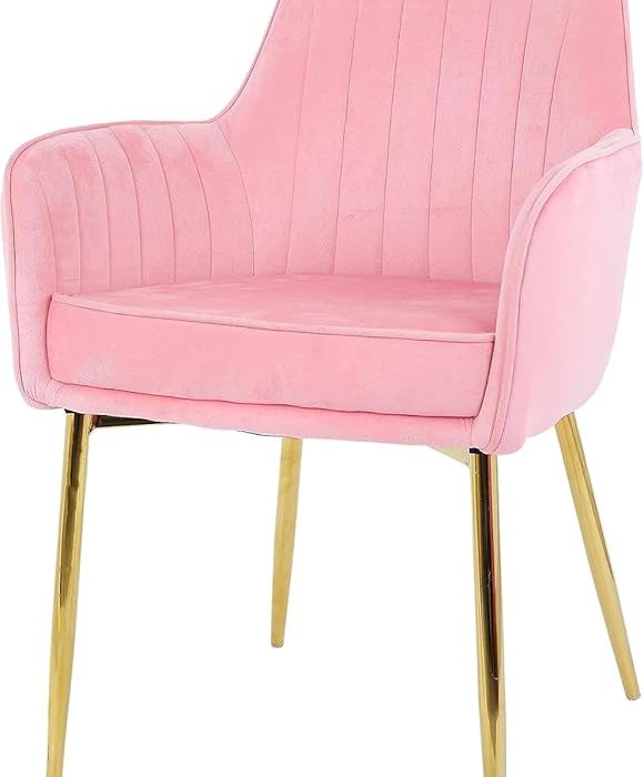 BAWARI Plush Dining Chair | Accent Chair for Living Room Bedroom Restuarant | Velvet Fabric & Thick Cushion Seat with Sturdy Glossy Metal Legs (Golden Legs, Baby Pink)