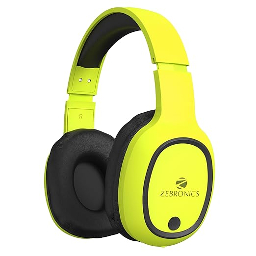 ZEBRONICS THUNDER Bluetooth 5.3 Wireless Headphones with 60H Backup, Gaming Mode, Dual Pairing, ENC, AUX, Micro SD, Voice assistant, Comfortable Earcups, Call Function(Neon Yellow)