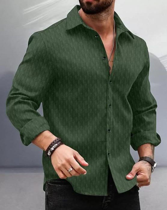 Men's Regular Fit Button Down Dress Shirts Textured Long Sleeve Casual Hawaiian Shirt