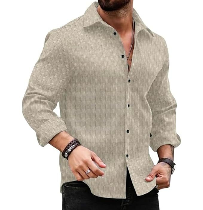 Men's Regular Fit Button Down Dress Shirts Textured Long Sleeve Casual Hawaiian Shirt