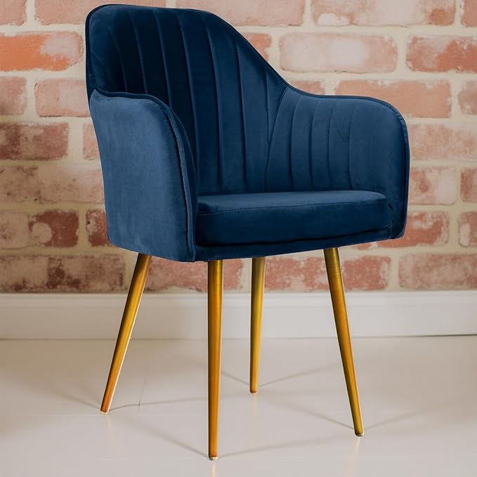BAWARI Plush Dining Chair | Accent Chair for Living Room Bedroom Restuarant | Velvet Fabric & Thick Cushion Seat with Sturdy Glossy Metal Legs (Golden Legs, Blue)