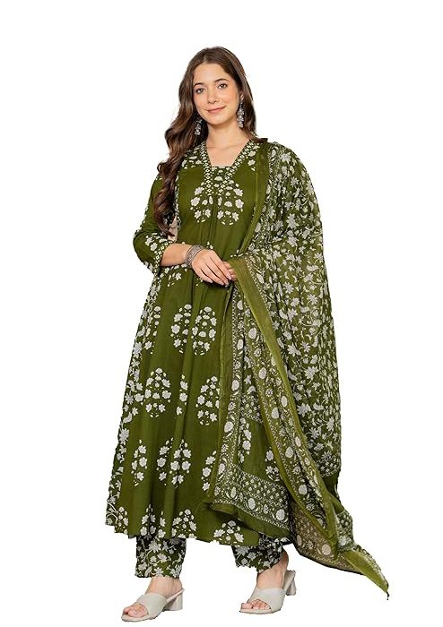 PARTHVI Women's Pure Cotton Block Printed Ethnic Wear Kurta & Palazzo Pants & Dupatta Set