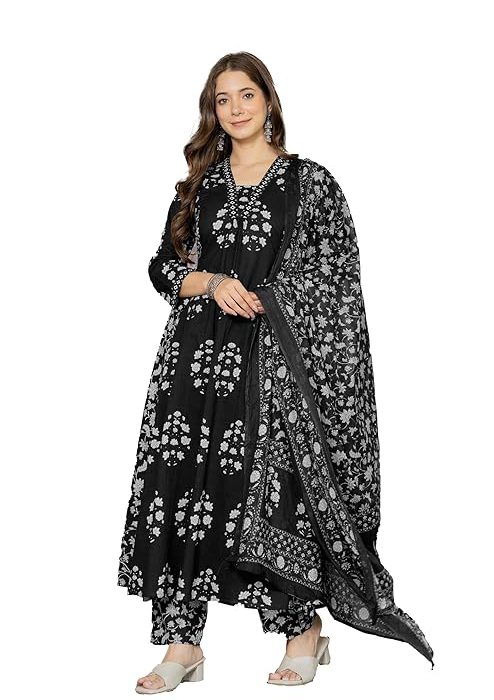 PARTHVI Women's Pure Cotton Block Printed Ethnic Wear Kurta & Palazzo Pants & Dupatta Set