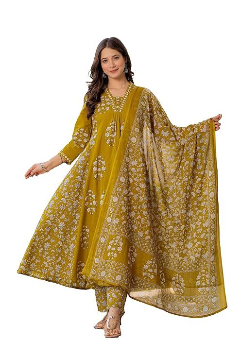 PARTHVI Women's Pure Cotton Block Printed Ethnic Wear Kurta & Palazzo Pants & Dupatta Set