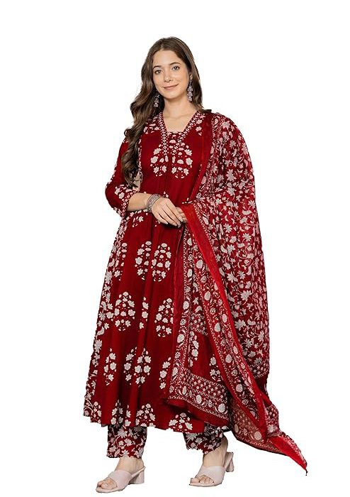 PARTHVI Women's Pure Cotton Block Printed Ethnic Wear Kurta & Palazzo Pants & Dupatta Set