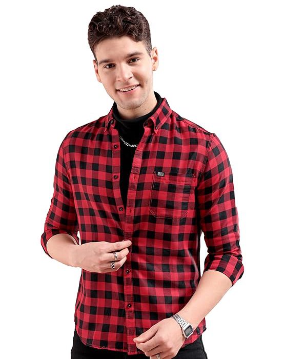 The Indian Garage Co Men's Cotton Slim Fit Checkered Full Sleeves Cutaway Collar Casual Shirt