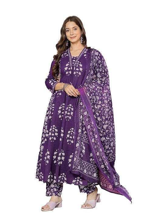 PARTHVI Women's Pure Cotton Block Printed Ethnic Wear Kurta & Palazzo Pants & Dupatta Set