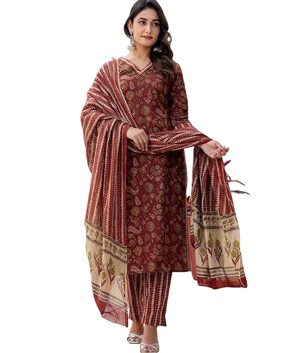 Women's Rayon Blend Floral Printed Straight Kurta Pant with Dupatta Set