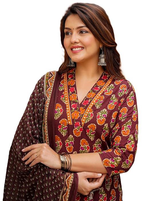 Women's Pure Cotton Printed with Handwork Kurta with Pants and Dupatta Set | Ethnic Set | Suit Set | Kurta Set | Wedding Suit Set