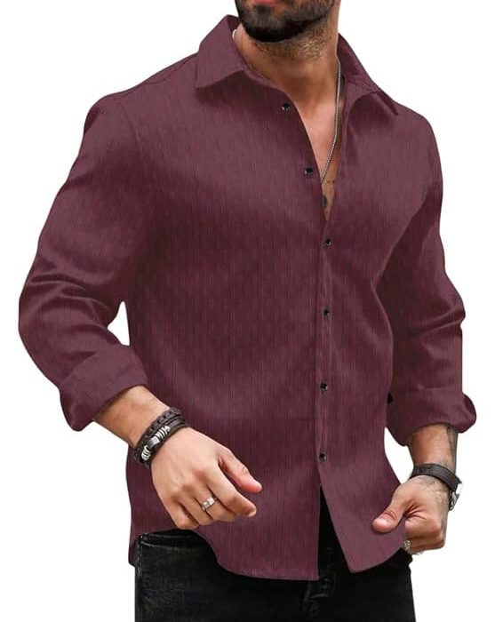 Men's Regular Fit Button Down Dress Shirts Textured Long Sleeve Casual Hawaiian Shirt