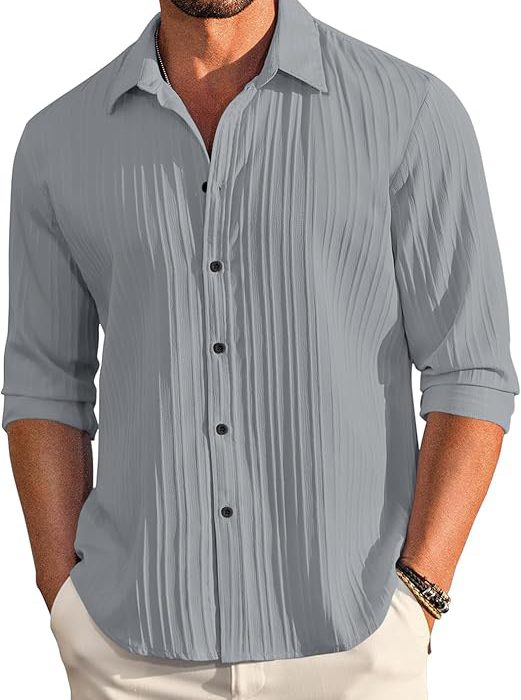 Men's Casual Cotton Plain Button Down Shirt Long Sleeve Textured Summer Beach Shirt for Men
