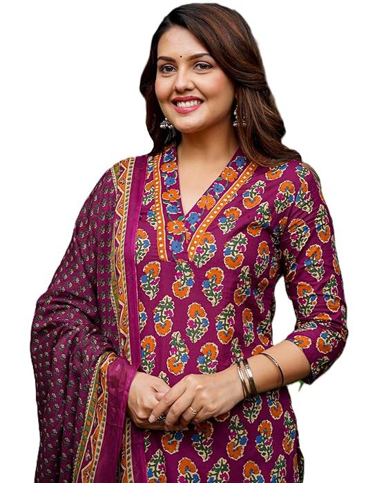 Women's Pure Cotton Printed with Handwork Kurta with Pants and Dupatta Set | Ethnic Set | Suit Set | Kurta Set | Wedding Suit Set