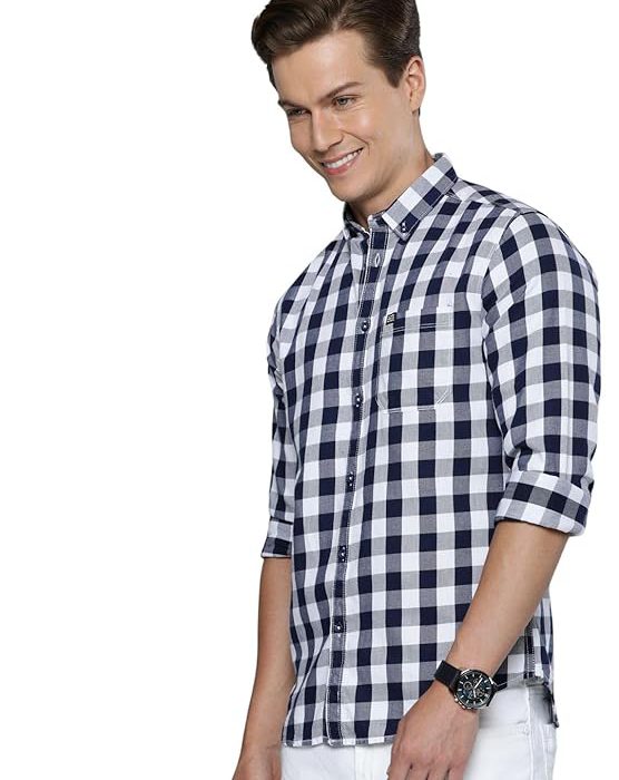 The Indian Garage Co Men's Cotton Slim Fit Checkered Full Sleeves Cutaway Collar Casual Shirt