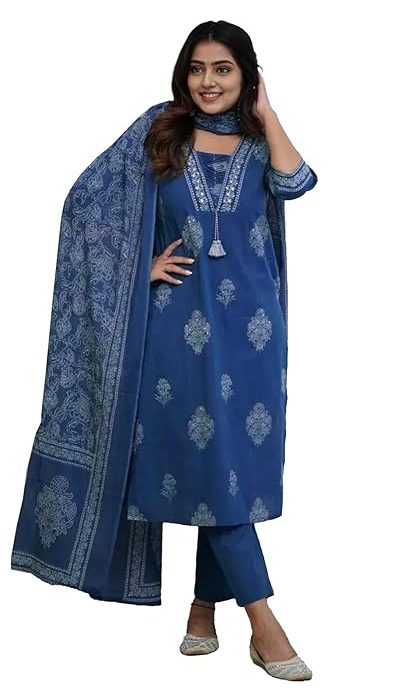 Women's Pure Cotton Printed with Handwork Kurta with Pants and Dupatta Set | Ethnic Set | Suit Set | Kurta Set | Wedding Suit Set
