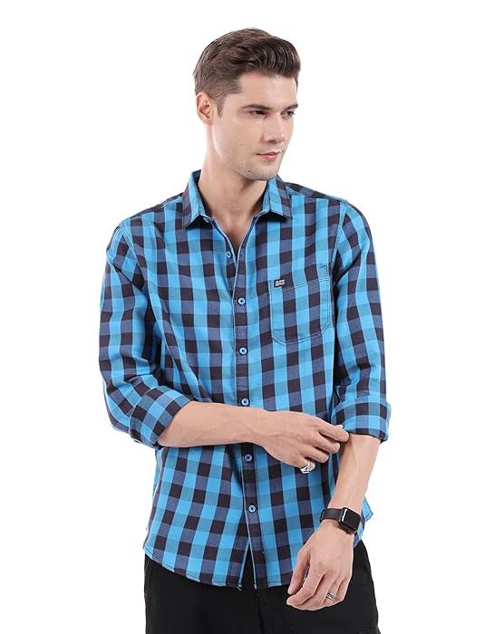 The Indian Garage Co Men's Cotton Slim Fit Checkered Full Sleeves Cutaway Collar Casual Shirt